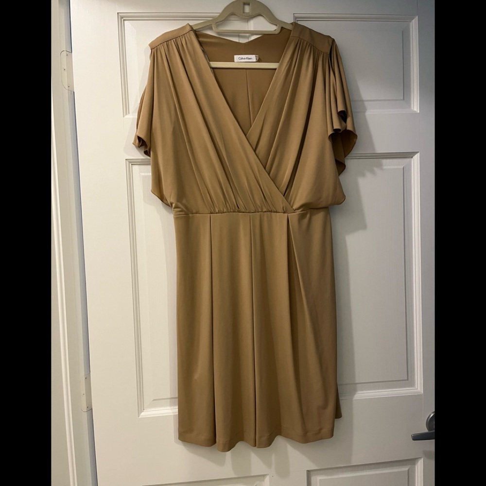 - - Calvin Klein.  Elegant, flowy beige dress, size 10, V neck, worn once